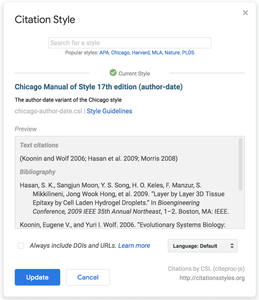 The Citation Style dialog with a style search box, popular styles, the current style set to Chicago Manual of Style 17th edition (author-date), a preview of text citations and bibliography, and Update and Cancel buttons.